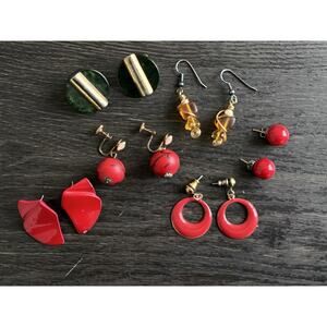 Vintage Earrings Lot Red Enamel Resin Dangle Screwback Clip Retro 7 Pairs